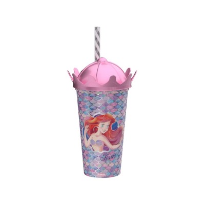 Copo com Canudo Coroa Pequena Sereia Ariel 500ml Disney Plasutil